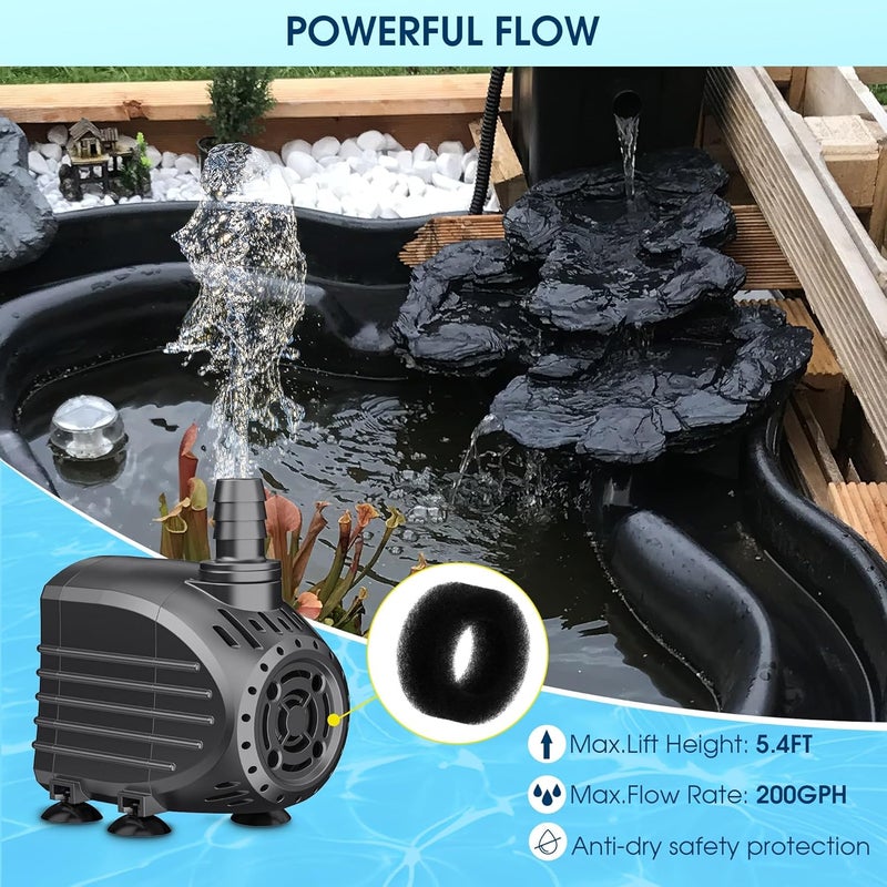 NFESOLAR Submersible Water Pump 200GPH, Ultra Quiet Submersible Pump with Dry Burning Protection 5.4ft High Lift for Fountains, Waterfall, Hydroponics, Aquariums KF203 - Image 3